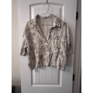 Abercrombie & Fitch Cream Short-Sleeve Printed Button-Up Blouse